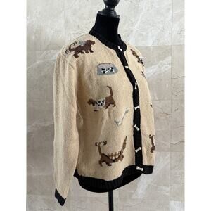 VTG 90s Talbots Hand Knit Dog Cardigan - M Beige, Bone Buttons Dachshund Dog Mom
